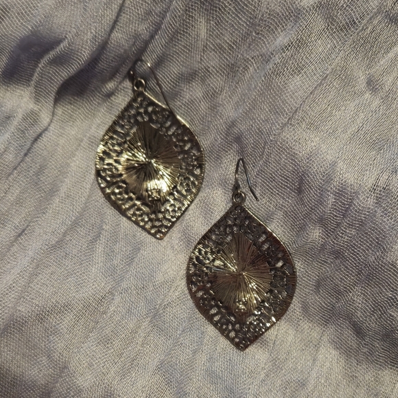 Shiny Charcoal Gray Embellished Dangle Earrings w/Sparkling Center - Picture 3 of 3